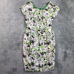 DEMA Green Floral Tulip Dress Cap Sleeve Pleated Sheath Women's M